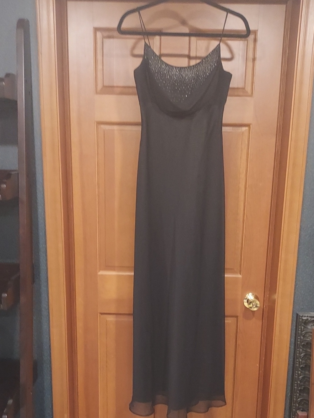 Morgan & Co. Black Maxi Evening Dress with Beaded Cowl Neck